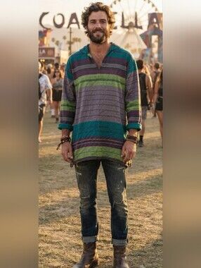 Paul Marshall Products Boho Cotton Tunic Shirt Striped Oversized Fit L/XL